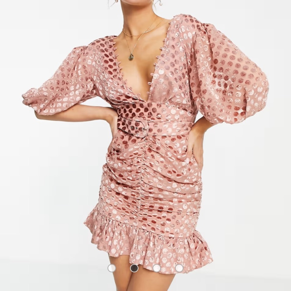 NWT ASOS DESIGN velvet flocked spot mini dress with puff sleeve and belt in pink